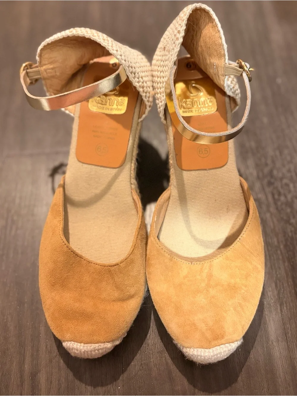 kanna Tan Espadrille Wedge Sandals with Gold Ankle Strap